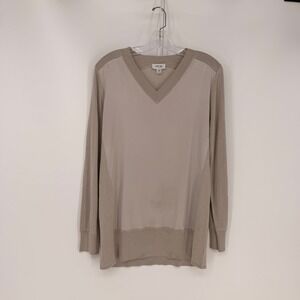 Per Se by Carlisle Sweater Womens Medium Taupe Silk Cotton Mixed Media V-Neck